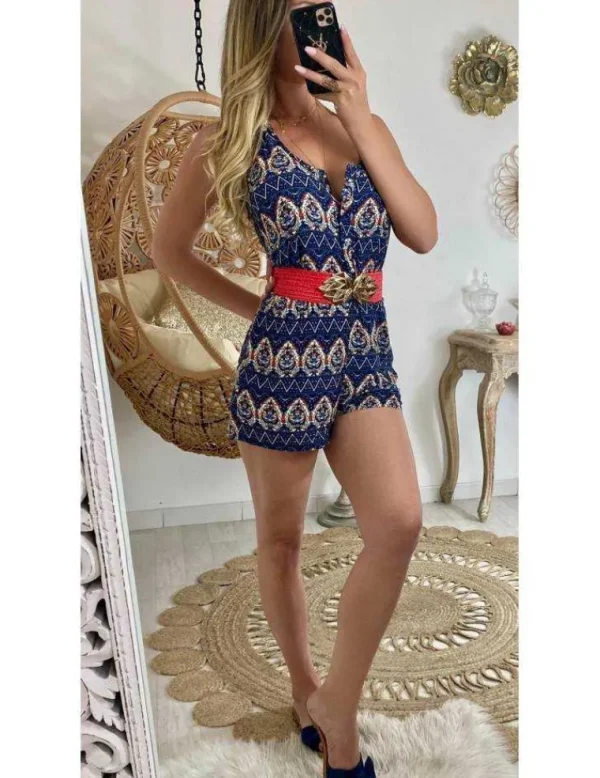 My Look Féminin Ma combi-short bleue imprimée "dos crochet" Sale