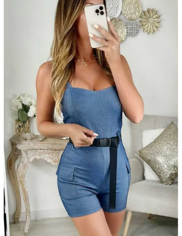 My Look Féminin Ma jolie combi-short stretch style jeans et sa ceinture Clearance