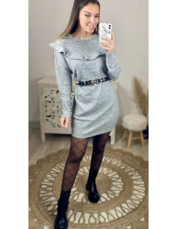 My Look Féminin Ma jolie robe en maille grey col volant Clearance