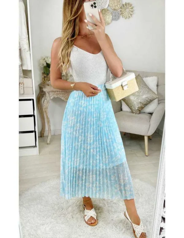 My Look Féminin Ma jupe plissée bleu ciel "White Leafs" New