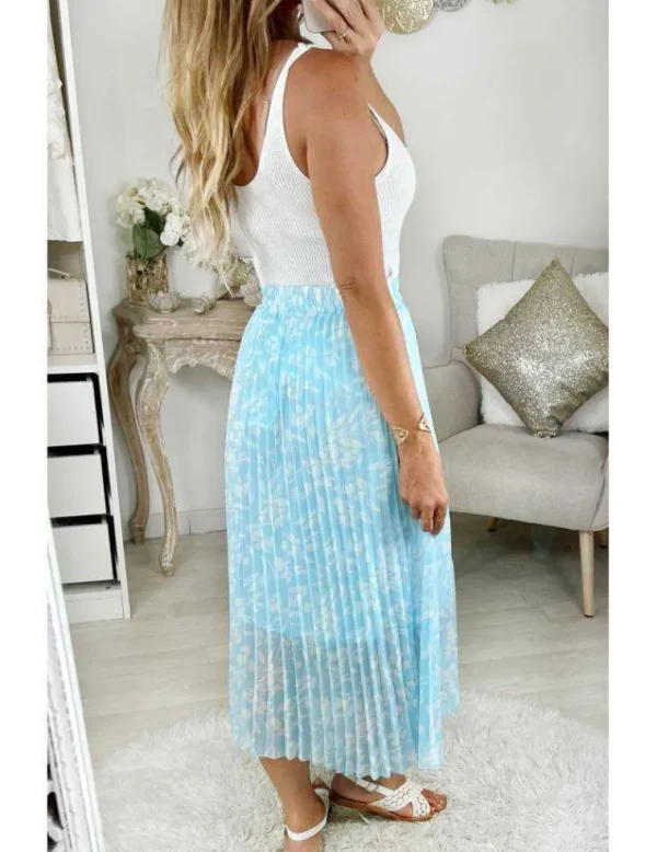 My Look Féminin Ma jupe plissée bleu ciel "White Leafs" New