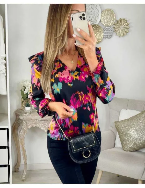 My Look Féminin Ma petite blouse épaules volants "blurred flowers" Hot