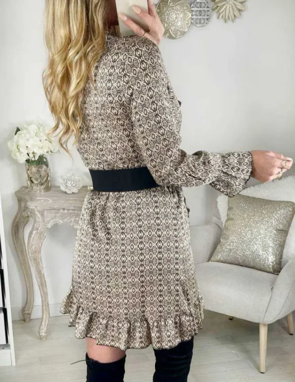 My Look Féminin Ma robe col V & volants" Beige/Black Print" Hot