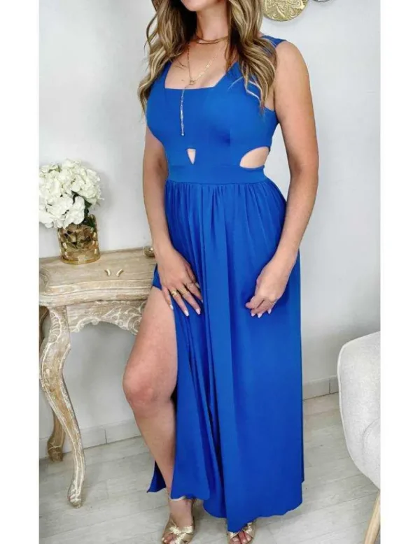 My Look Féminin Ma robe longue col carré bleu roi "cut out" Fashion