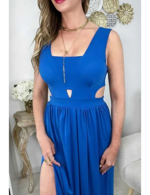 My Look Féminin Ma robe longue col carré bleu roi "cut out" Fashion