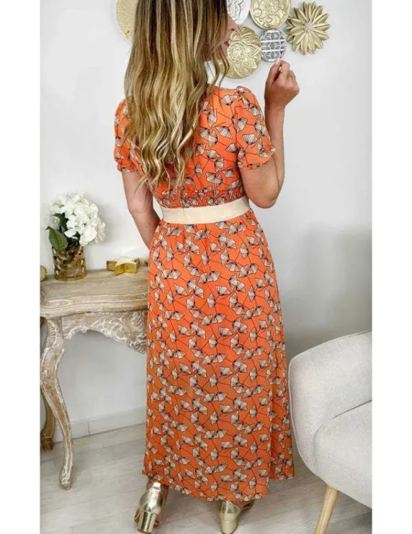 My Look Féminin Ma robe longue col v boutonné " orange & flowers" Sale