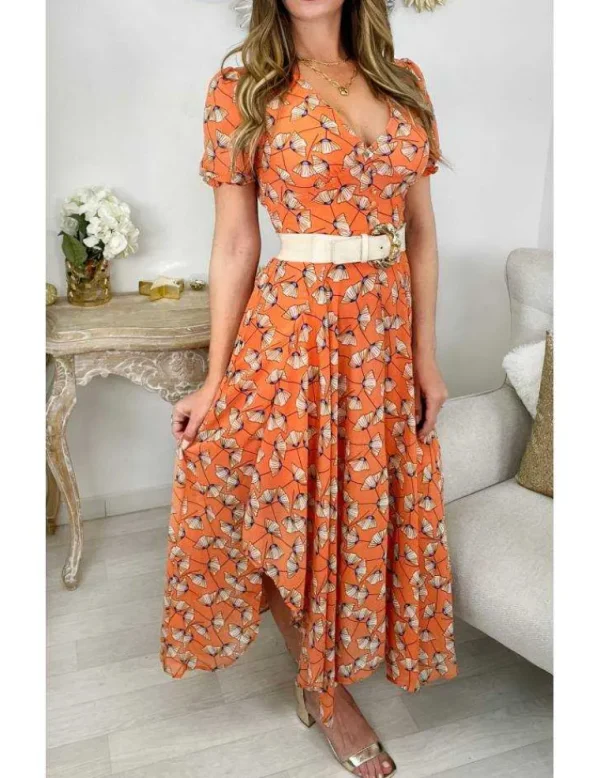 My Look Féminin Ma robe longue col v boutonné " orange & flowers" Sale