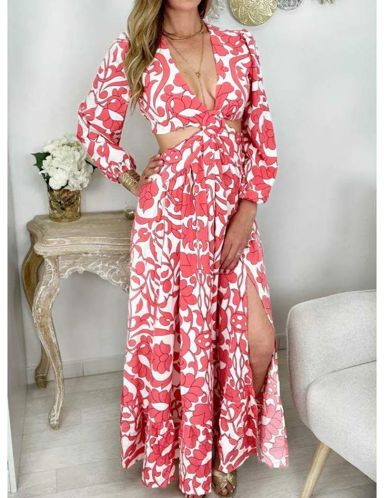ma_robe_longue_fendue_cut_0.webp My Look Féminin Ma robe longue fendue cut out " Pink & white print" Hot