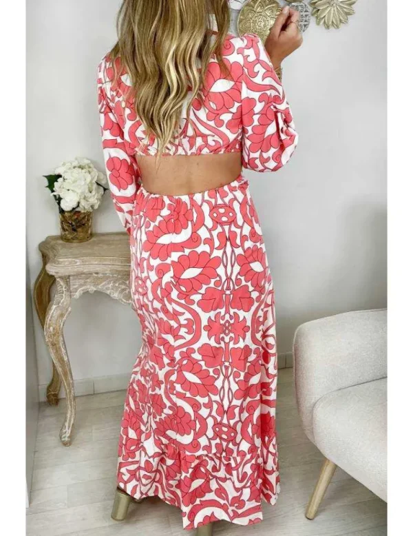 My Look Féminin Ma robe longue fendue cut out " Pink & white print" Hot