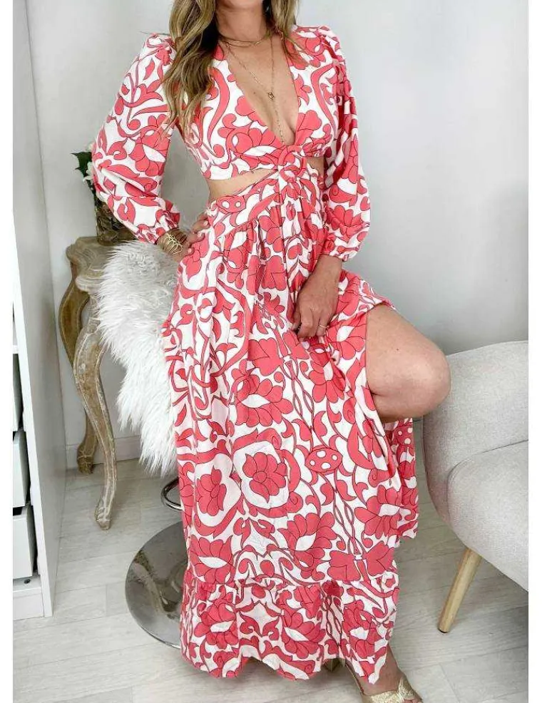ma_robe_longue_fendue_cut_3.webp My Look Féminin Ma robe longue fendue cut out " Pink & white print" Hot