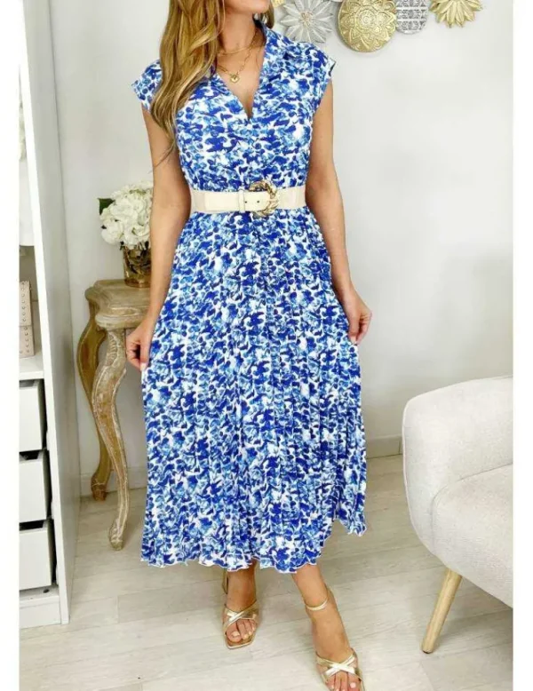 My Look Féminin Ma robe longue fluide et plissée " blue print" Clearance