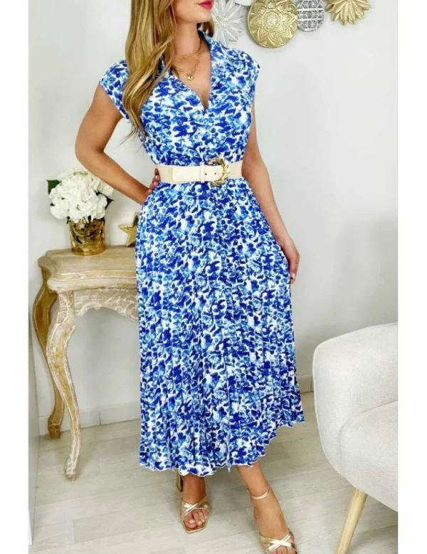 My Look Féminin Ma robe longue fluide et plissée " blue print" Clearance