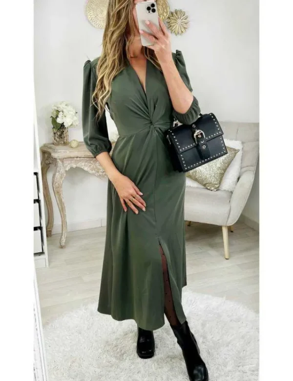 My Look Féminin Ma robe longue kaki fendue & col noué Best