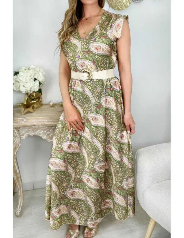 My Look Féminin Ma robe longue satinée " green cachemire" Sale