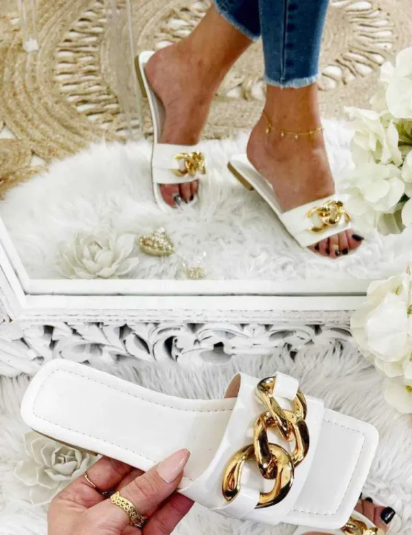 My Look Féminin Mes jolies mules blanches & chain Clearance