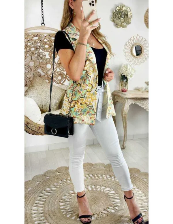 My Look Féminin Mon blazer sans manches vert d'eau "print couture" Fashion