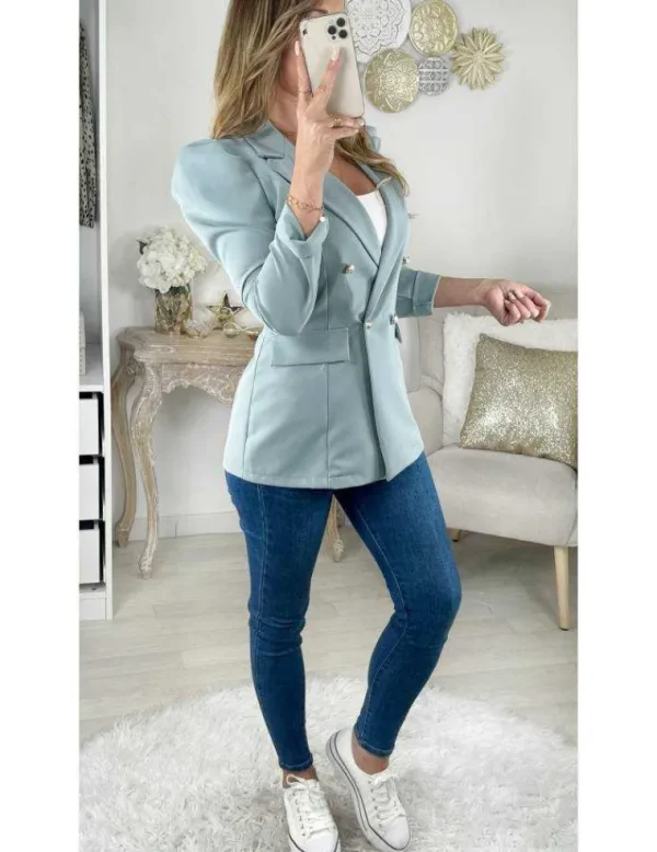 My Look Féminin Mon joli Blazer bleu ciel épaulé "boutons dorés" Discount