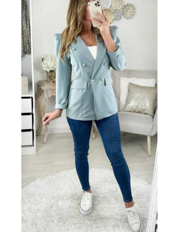 My Look Féminin Mon joli Blazer bleu ciel épaulé "boutons dorés" Discount