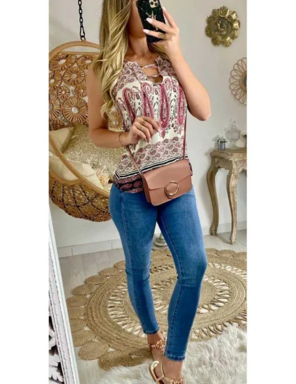My Look Féminin Mon joli top rose imprimé et col lacet Outlet