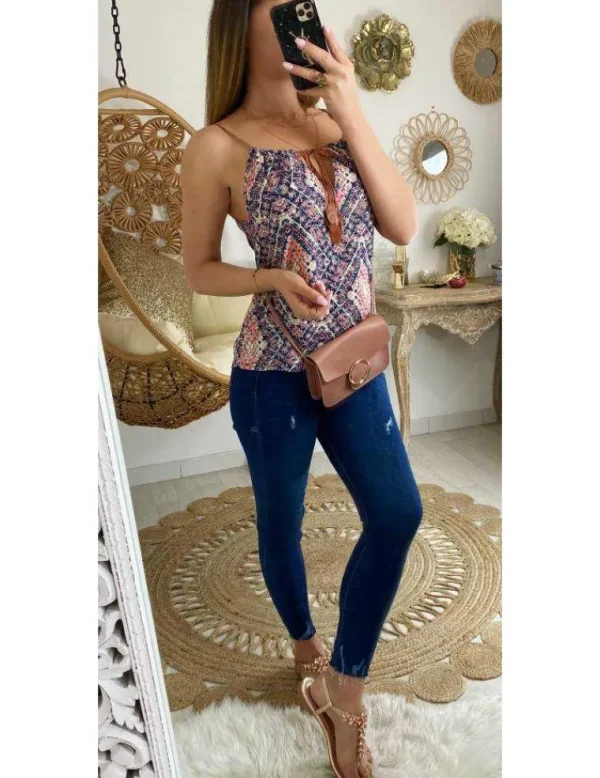 My Look Féminin Mon joli top rose imprimé et col à nouer Outlet