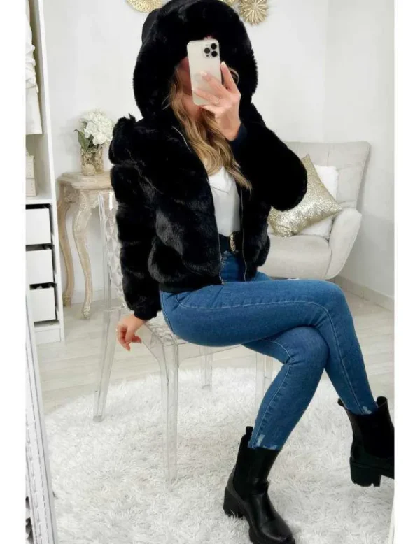 My Look Féminin * Mon manteau court noir" Hood & Fur" Discount