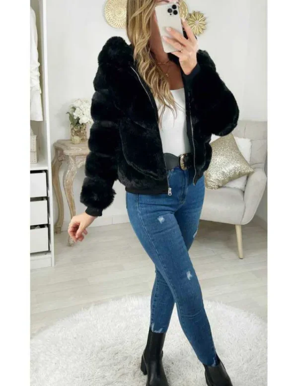 My Look Féminin * Mon manteau court noir" Hood & Fur" Discount