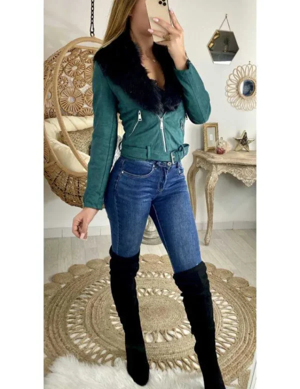 My Look Féminin Mon perfecto vert style daim "col fourrure" Fashion