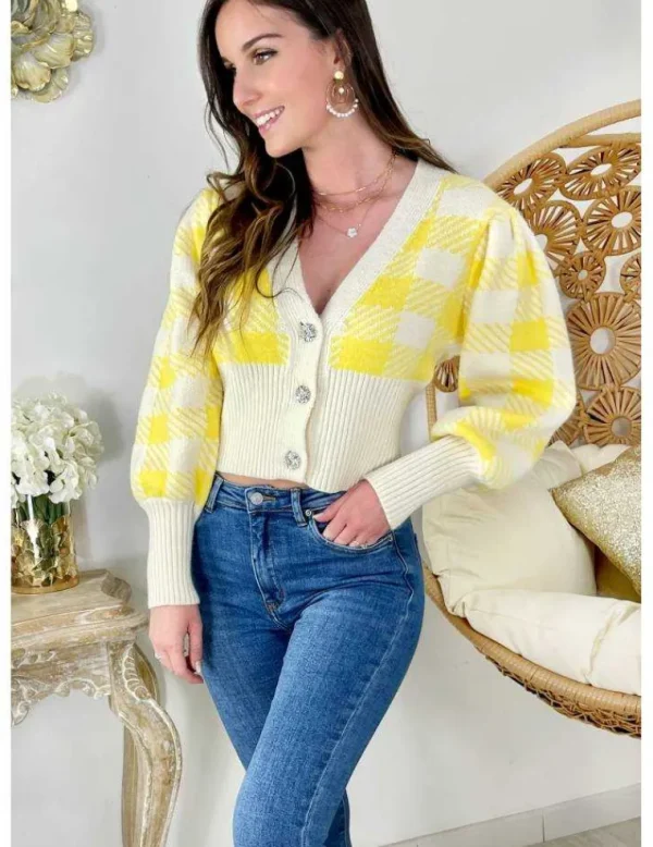 My Look Féminin Mon petit gilet yellow & beige "boutons strass" Discount