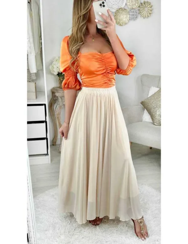 My Look Féminin Mon petit top orangé satiné "col carré et froncé" Hot