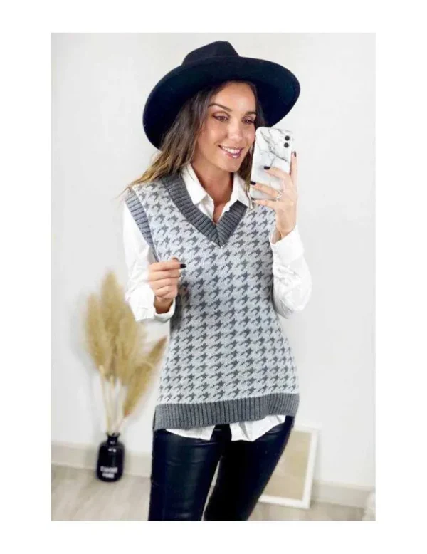My Look Féminin Mon pull sans manches grey "pied de poule" Online
