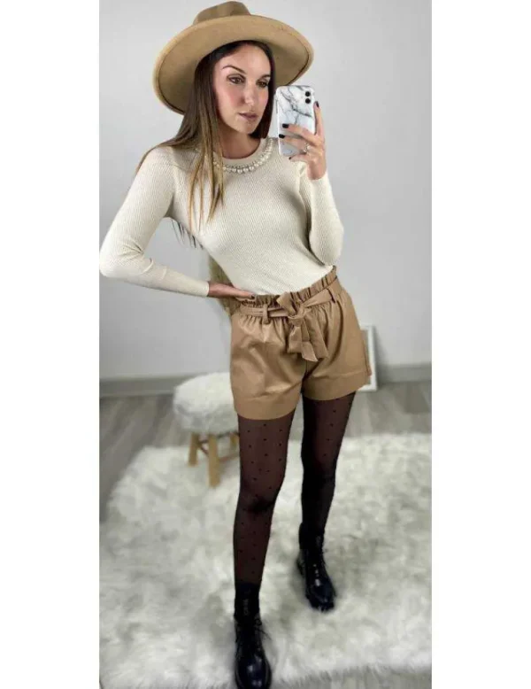 My Look Féminin Mon short basic camel style cuir et sa ceinture Online