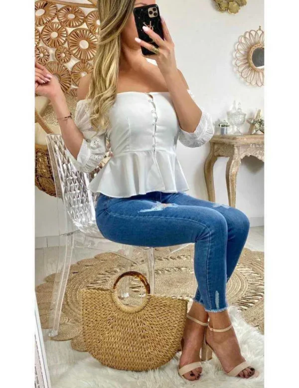 My Look Féminin Mon top blanc boutonné et manches en broderie anglaise Sale