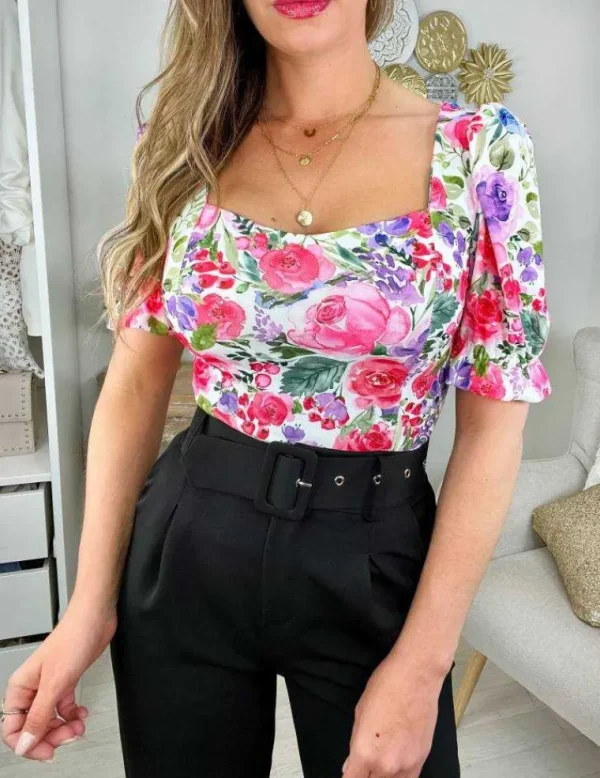 My Look Féminin Mon top fleuri col carré "manches bouffantes" Discount