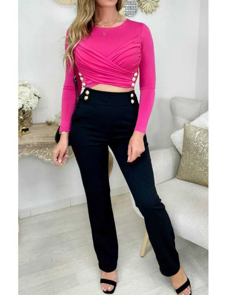 mon_top_fuchsia_style_lyc_1.webp My Look Féminin Mon top fuchsia style lycra "buste croisé et boutons dorés" Best