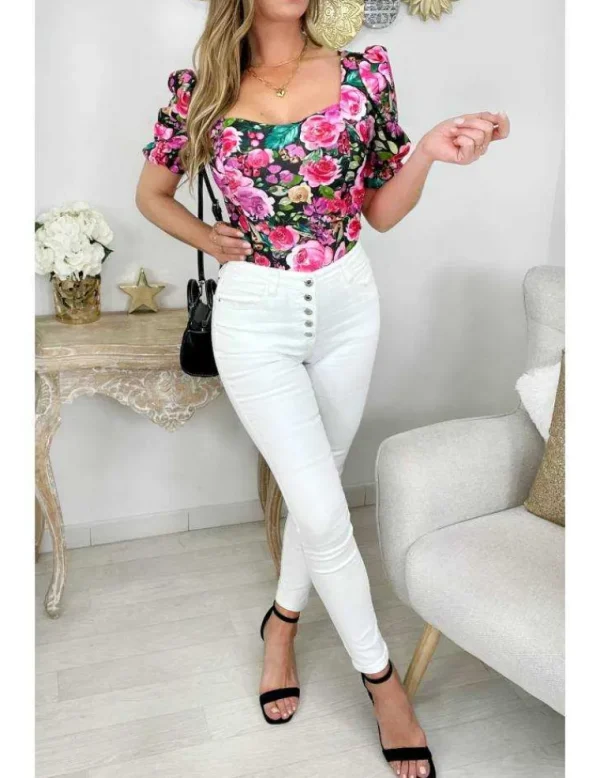 My Look Féminin Mon top style lycra & col carré " so flowers" Clearance