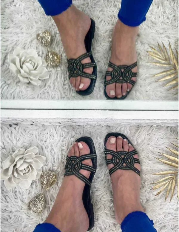 My Look Féminin mules plates noires & strass Hot