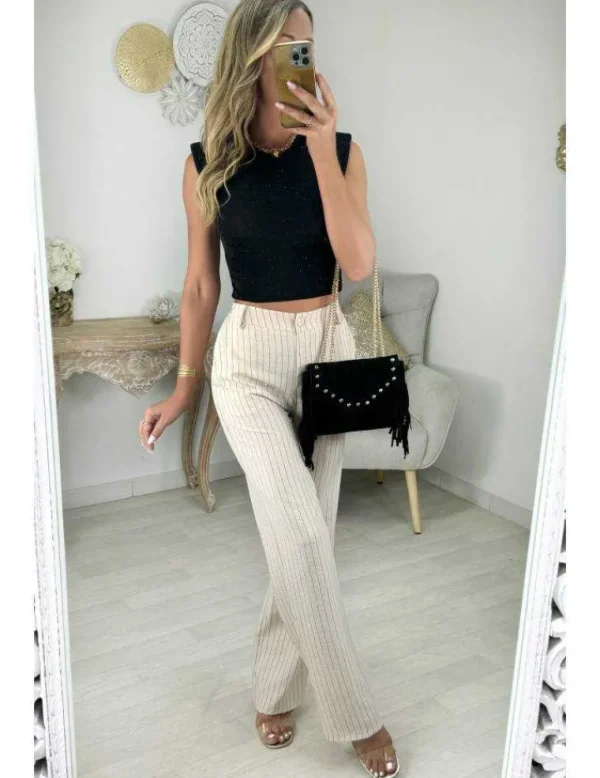My Look Féminin Pantalon beige rayé style lin Clearance