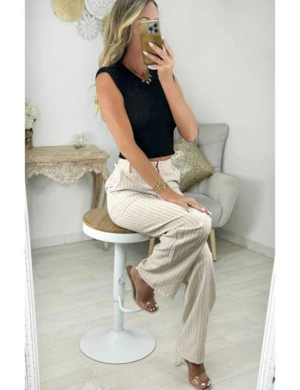My Look Féminin Pantalon beige rayé style lin Clearance