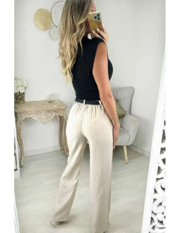 My Look Féminin Pantalon beige rayé style lin Clearance