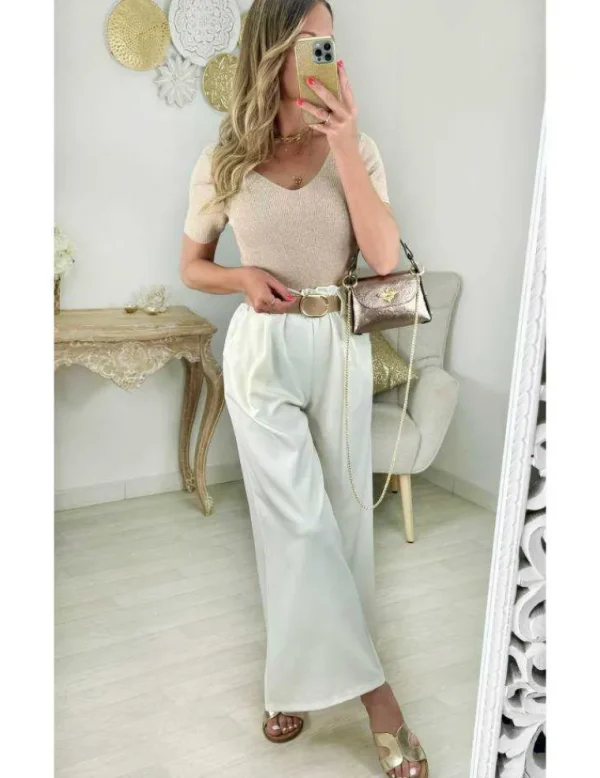 My Look Féminin pantalon classique écru et ceinture style cuir Outlet