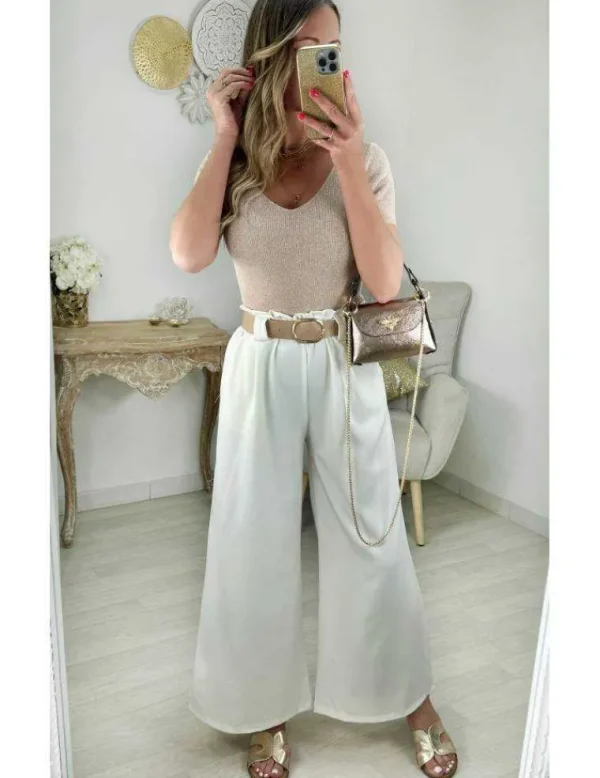My Look Féminin pantalon classique écru et ceinture style cuir Outlet