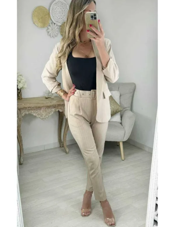 My Look Féminin pantalon droit beige fines rayures Fashion