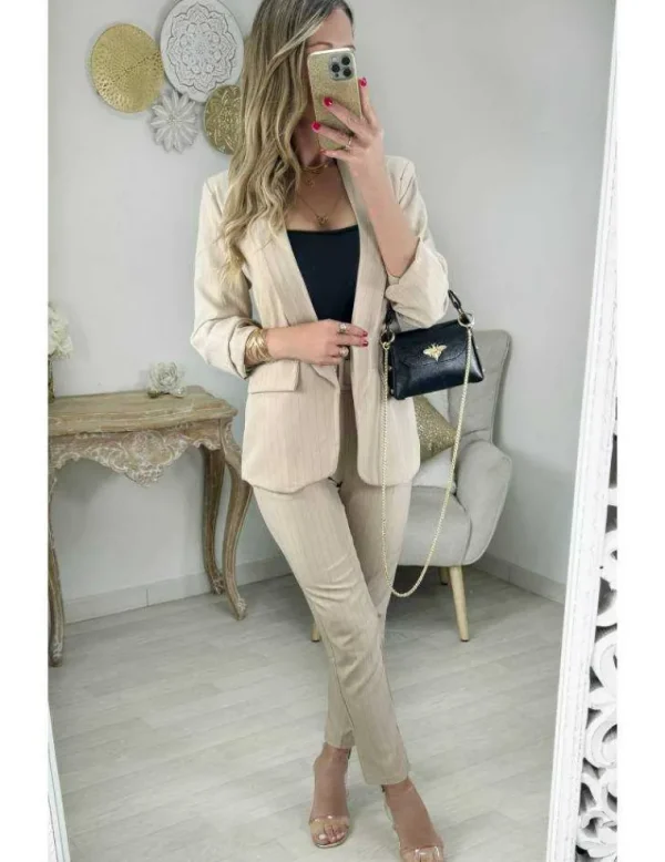 My Look Féminin pantalon droit beige fines rayures Fashion