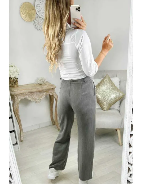 My Look Féminin pantalon droit gris rayé blanc Outlet