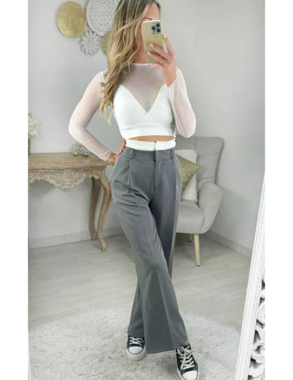 My Look Féminin pantalon fluide gris & ceinture blanche Outlet