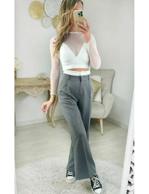 My Look Féminin pantalon fluide gris & ceinture blanche Outlet