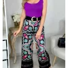 My Look Féminin pantalon fluide motif noir prune et vert d'eau Hot