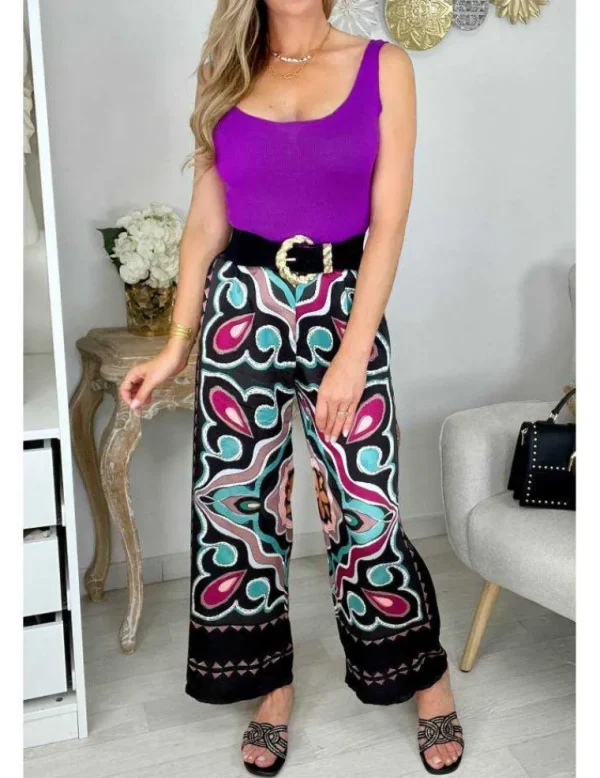 My Look Féminin pantalon fluide motif noir prune et vert d'eau Hot