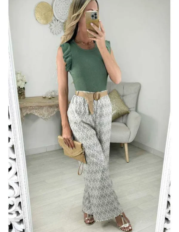 My Look Féminin pantalon fluide motifs kaki & ceinture tressée Online