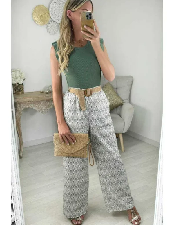 My Look Féminin pantalon fluide motifs kaki & ceinture tressée Online